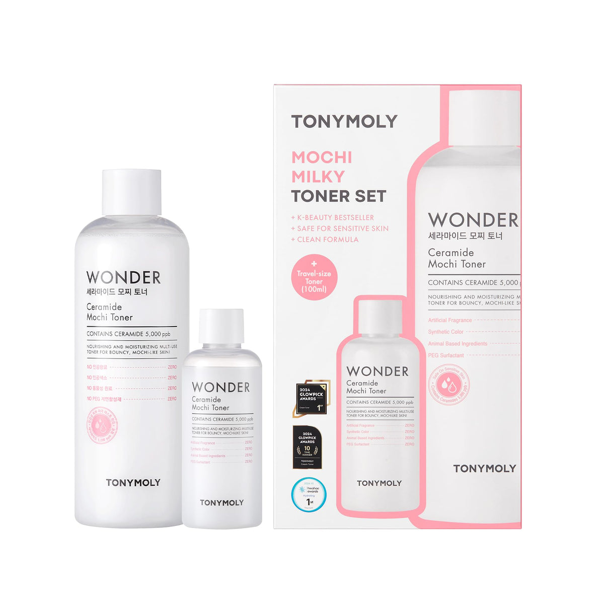 TONYMOLY front packaging showing jumbo 500ml and travel bottle benefits