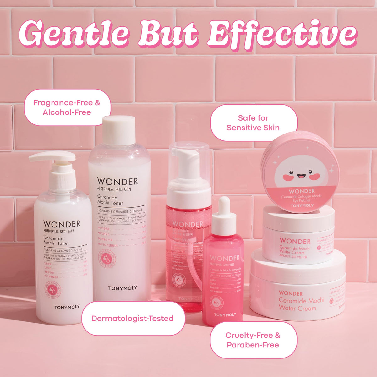 TONYMOLY bottles held in hand to show scale and generous volume benefits
