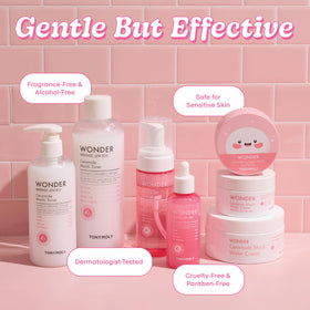 TONYMOLY bottles held in hand to show scale and generous volume benefits
