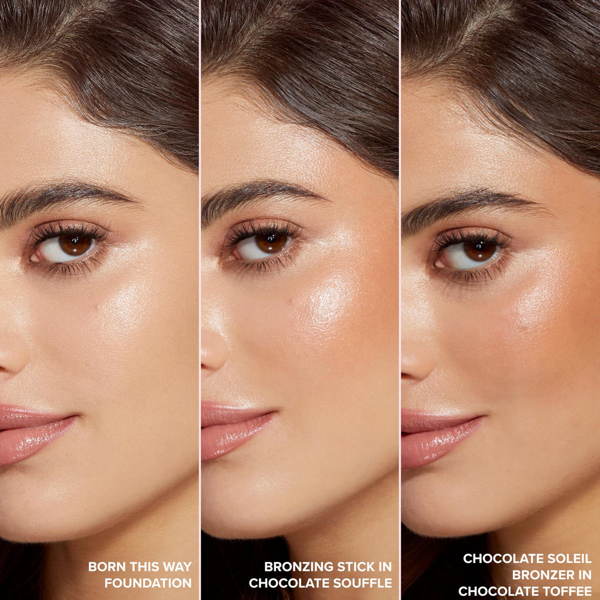 Too Faced bronzer applied on cheek showing soft contour and warmth