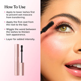 Too Faced applying mascara on model to show lift and dramatic length instantly