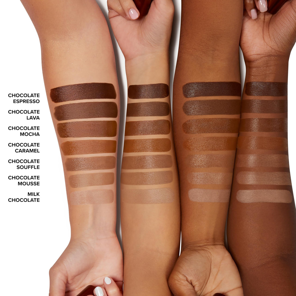 Too Faced Chocolate Soleil swatch trio showing satin finish and buildable coverage