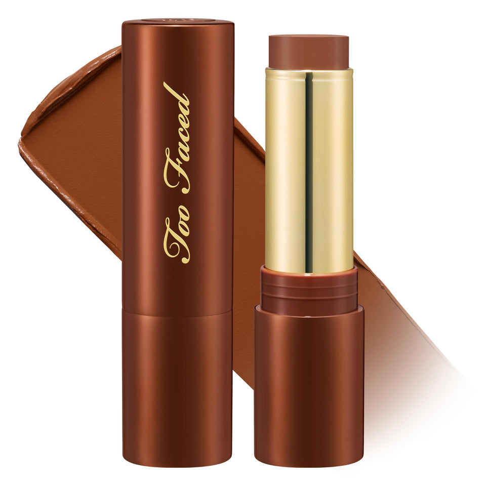 Too Faced front stick packaging showing product and shade, convenient travel benefit