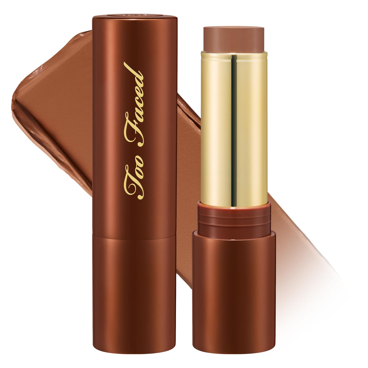 Too Faced Chocolate Soleil front stick showing product shape and easy application benefit