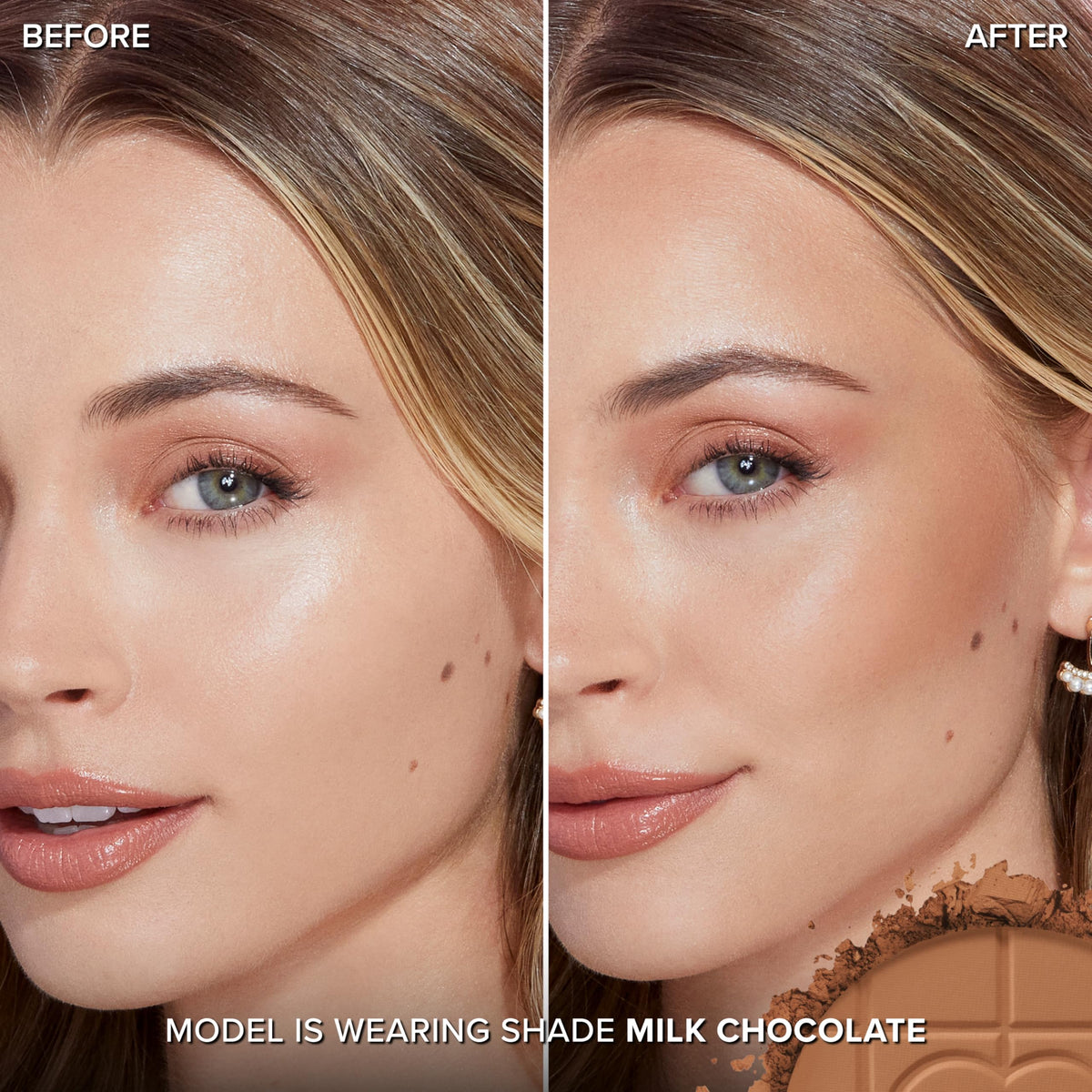 Too Faced open bronzer pan revealing milk chocolate shade and smooth finish