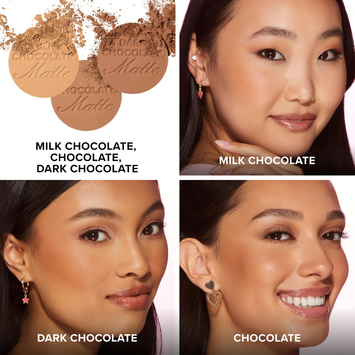Too Faced bronzer next to cocoa beans emphasizing chocolate scent benefit