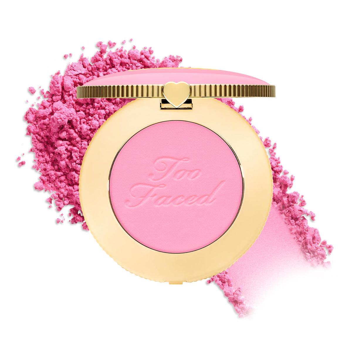 Too Faced front compact view showing shade Candy Clouds and packaging benefit portability
