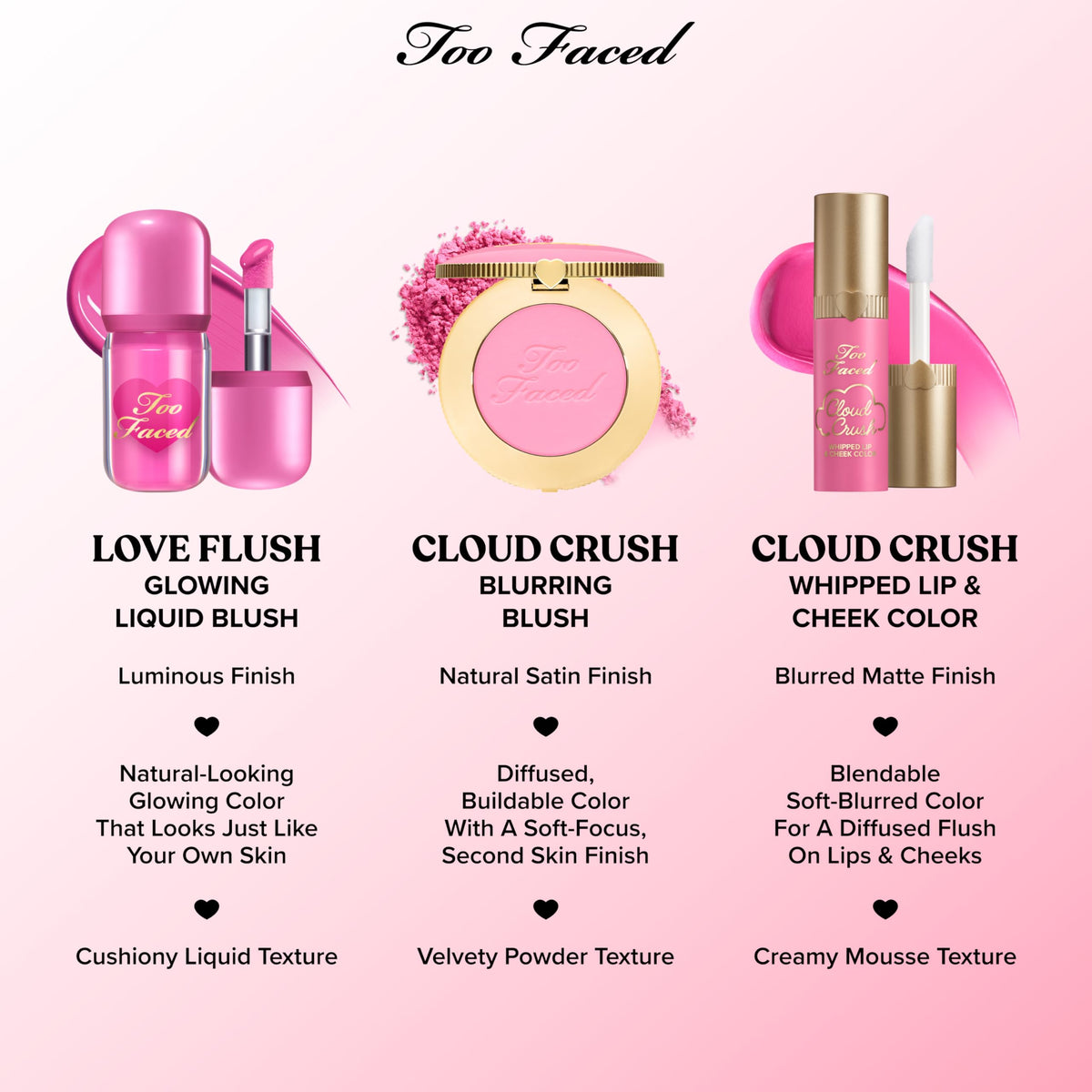 Too Faced flatlay with compact and brush showcasing everyday routine