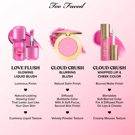 Too Faced flatlay with compact and brush showcasing everyday routine