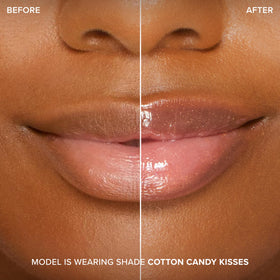 Too Faced Cotton Candy Kisses swatch on skin highlighting natural pink tint and shine
