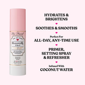 Too Faced Hangover close-up of spray nozzle delivering even mist for flawless application