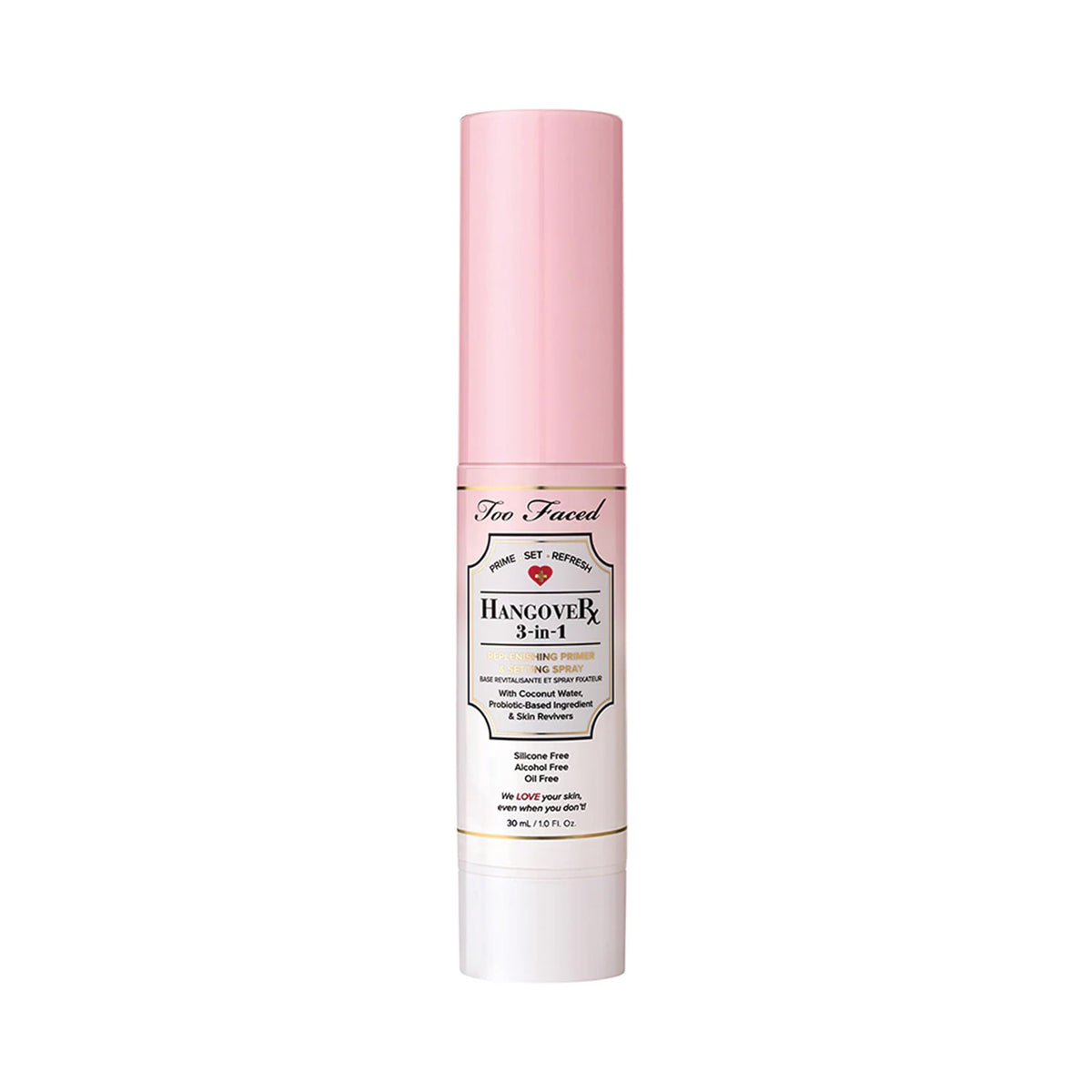 Too Faced Hangover front view showing travel-size bottle and clear label, hydrating benefit