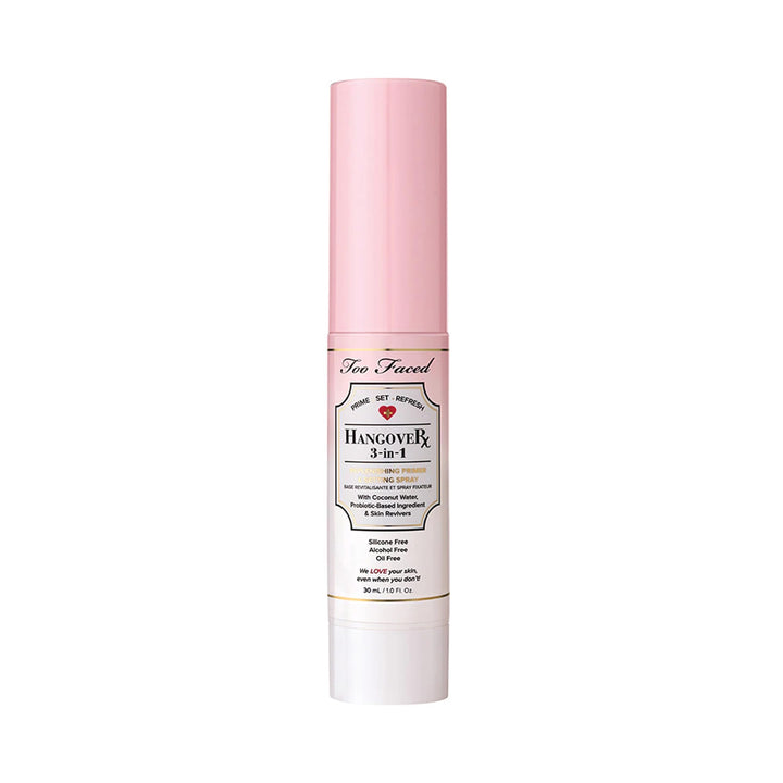 Too Faced Hangover front view showing travel-size bottle and clear label, hydrating benefit