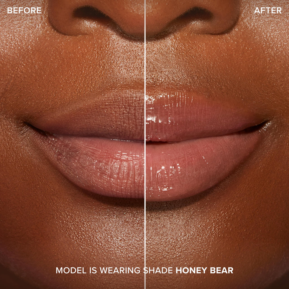Too Faced before and after lips showing visible plumping and shine benefit