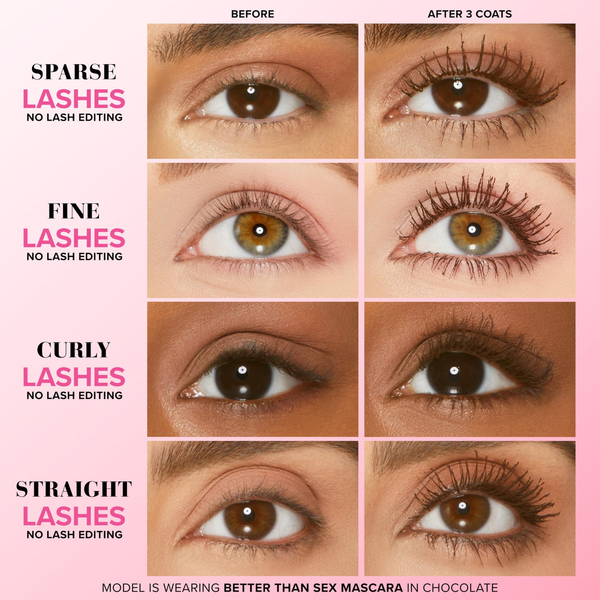 Too Faced hourglass brush close-up capturing lashes evenly for clump-free volume