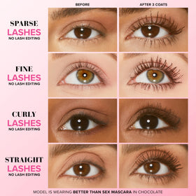 Too Faced hourglass brush close-up capturing lashes evenly for clump-free volume
