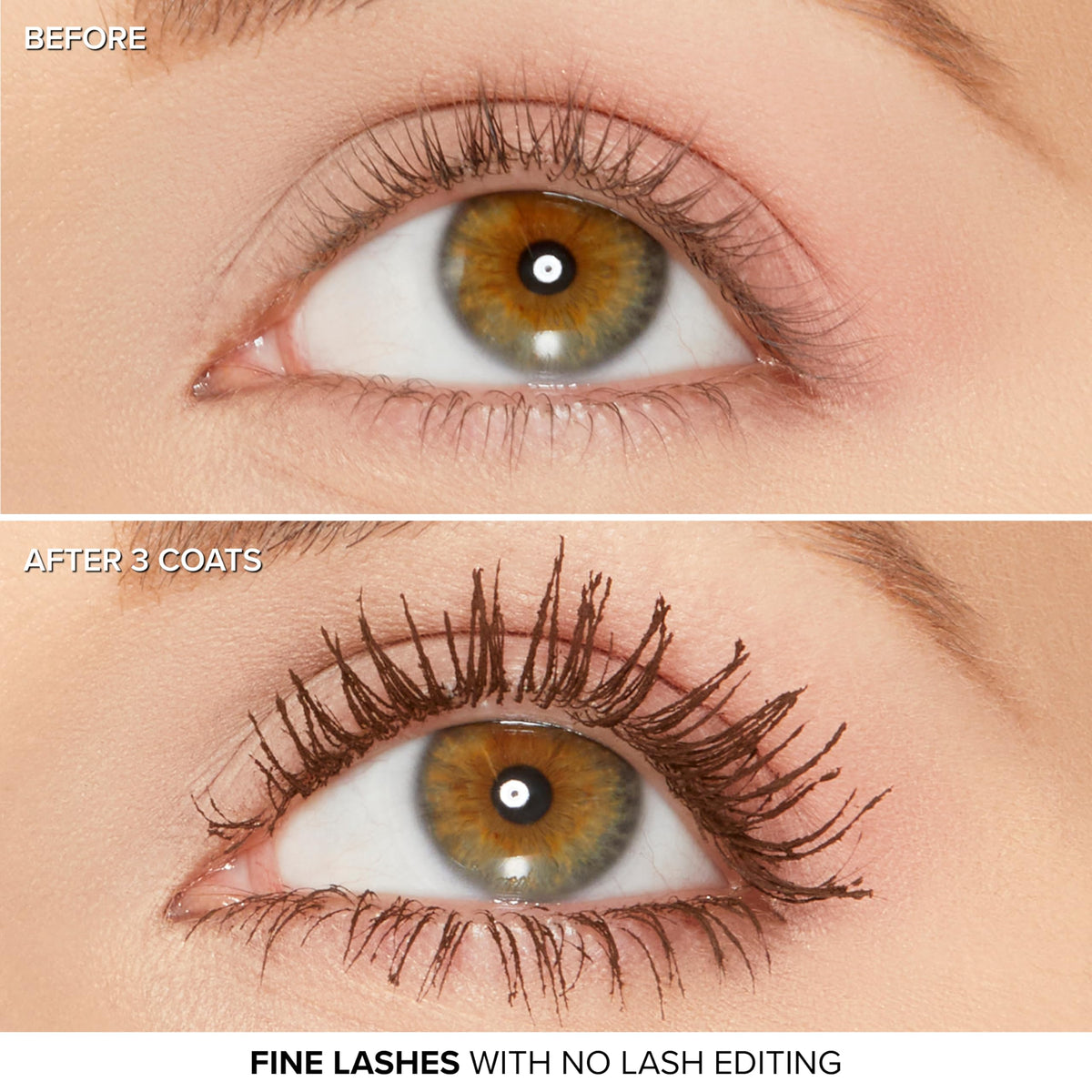 Too Faced lashes before and after demonstrating lengthening and visibly fuller effect