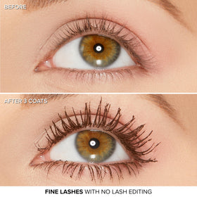 Too Faced lashes before and after demonstrating lengthening and visibly fuller effect