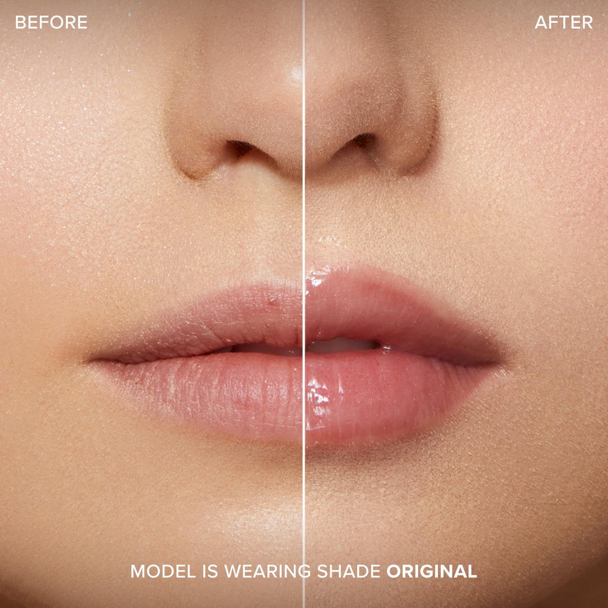 Too Faced gloss layered over lipstick showing amplified color and dimension
