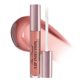Too Faced front packaging showing gloss tube and shade, highlights wearable nude pink