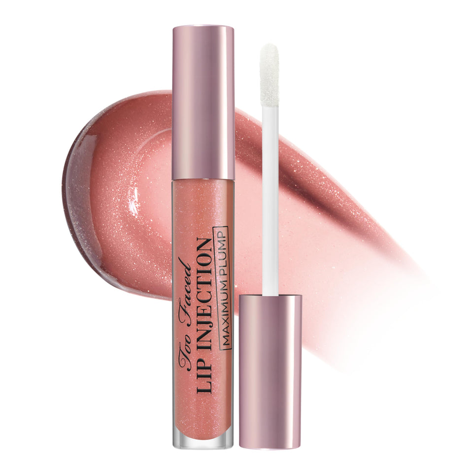 Too Faced front packaging showing gloss tube and shade, highlights wearable nude pink