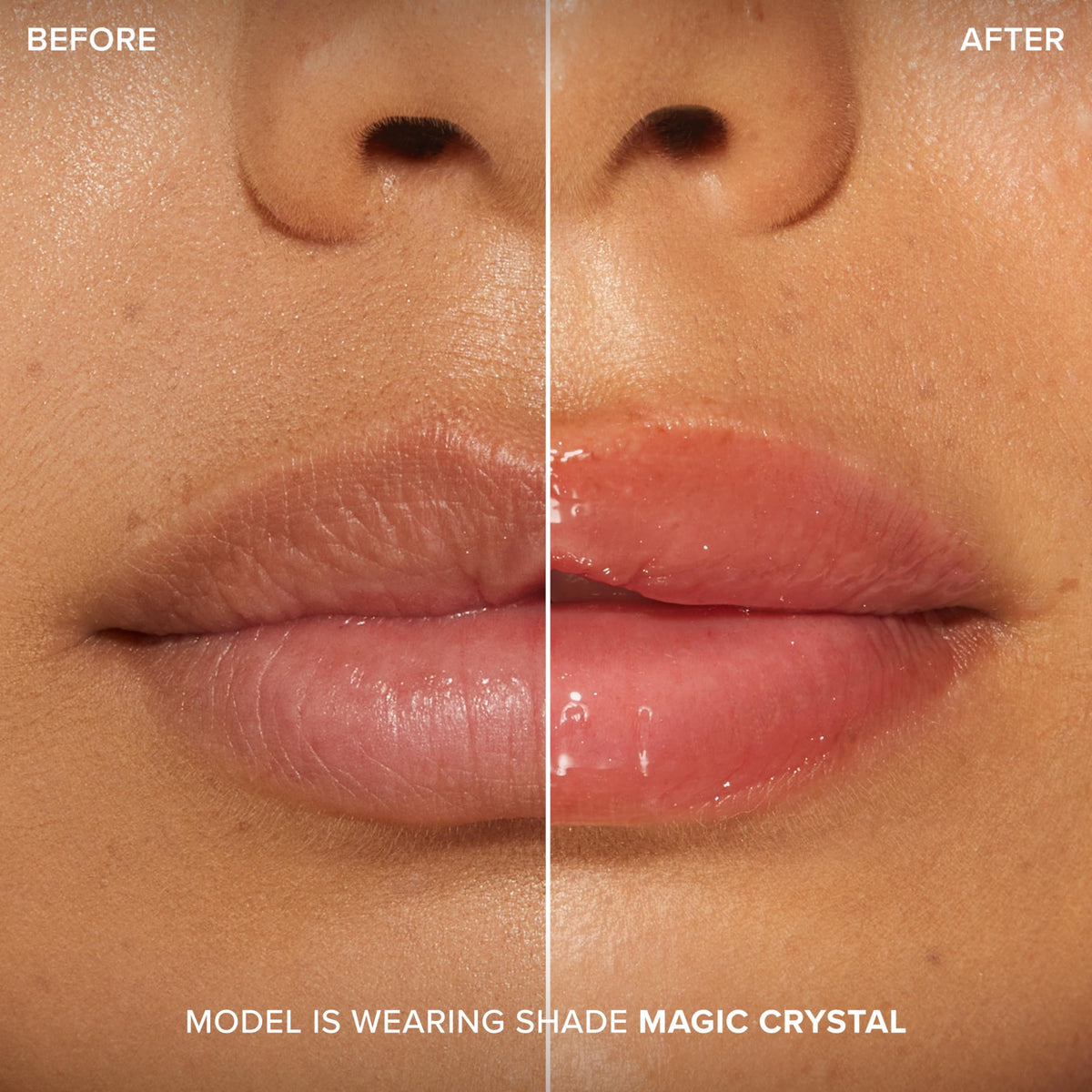 Too Faced model wearing gloss showing visible plumpness and hydration