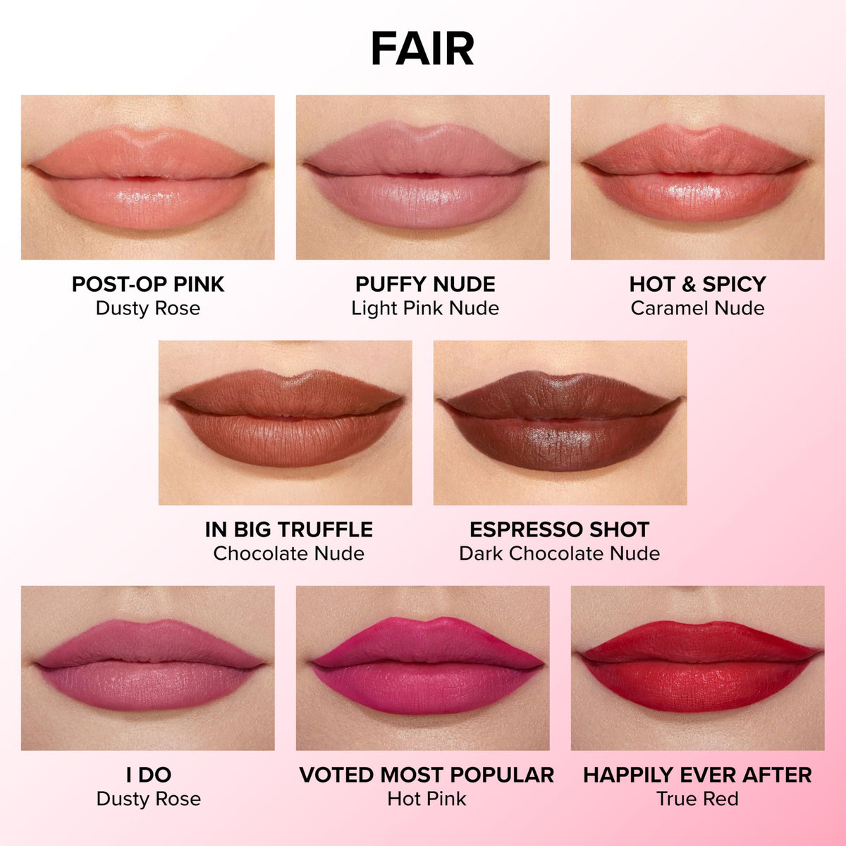 Too Faced close-up of lips wearing Post-Op Pink showing enhanced shape