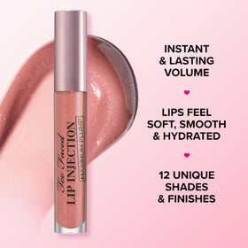Too Faced gloss worn by model in lifestyle shot highlighting fuller-looking lips
