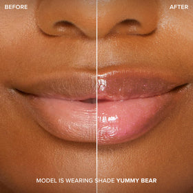 Too Faced texture swatches on skin showing smooth, hydrating shine and plump effect