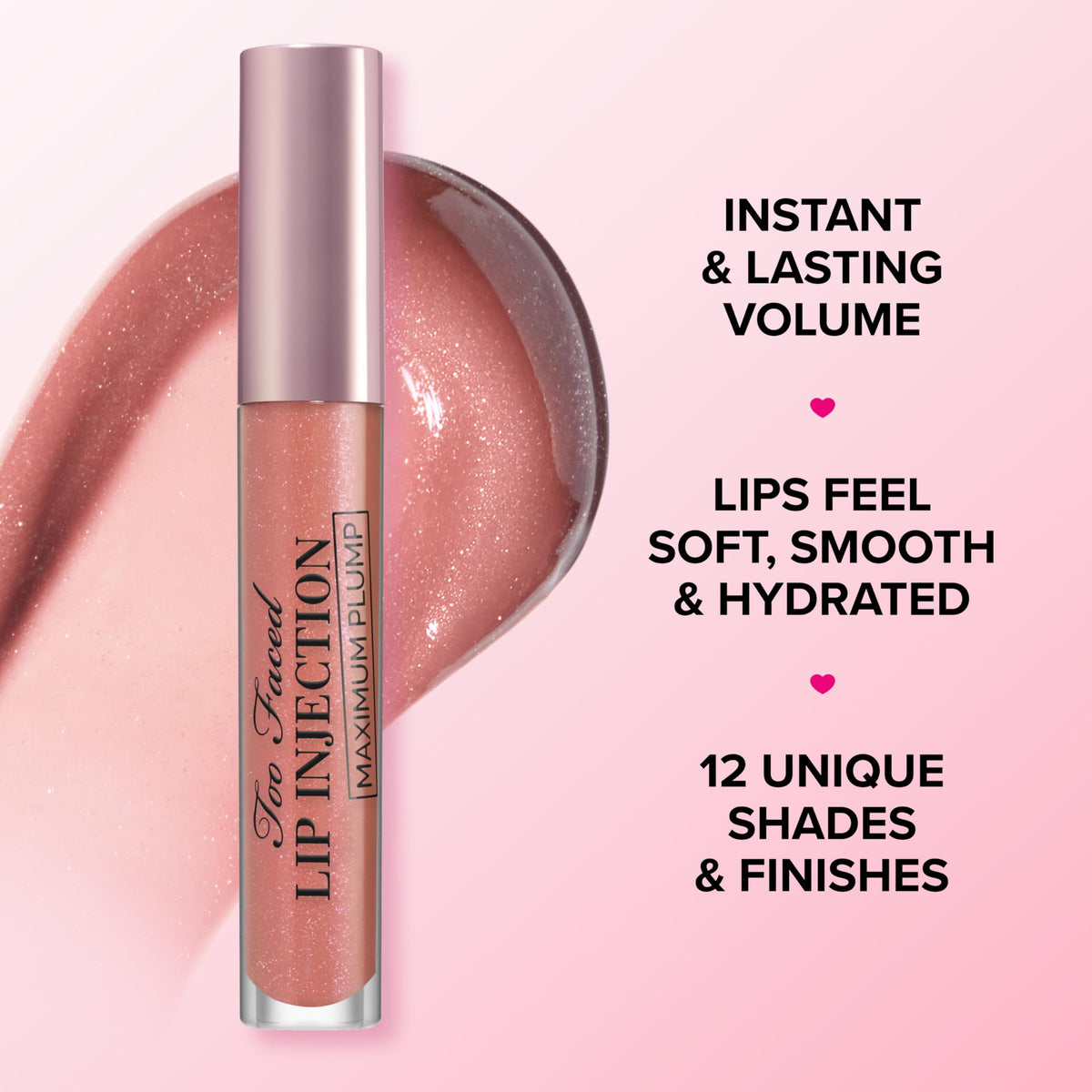 Too Faced texture swipe showing smooth, non-sticky gloss for hydrated lips