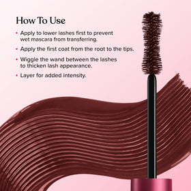 Too Faced mascara applied on model lashes, provides dramatic length