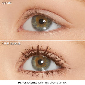 Too Faced mascara on model in lifestyle setting showing amplified eyes for evening looks