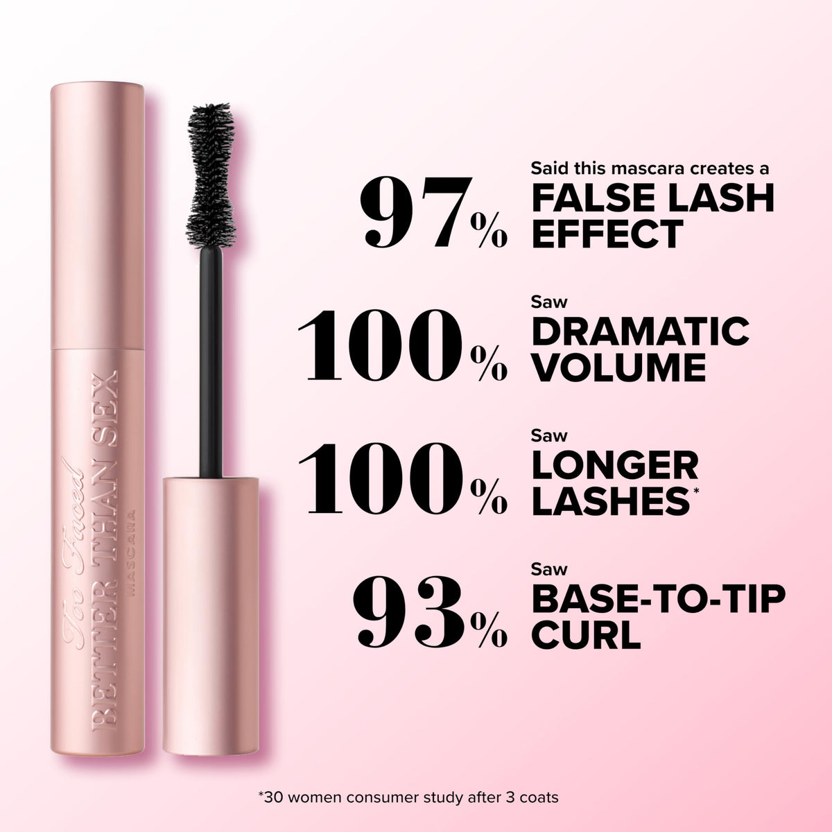 Too Faced mascara texture swipe illustrating rich black formula for intense color payoff