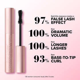 Too Faced mascara texture swipe illustrating rich black formula for intense color payoff