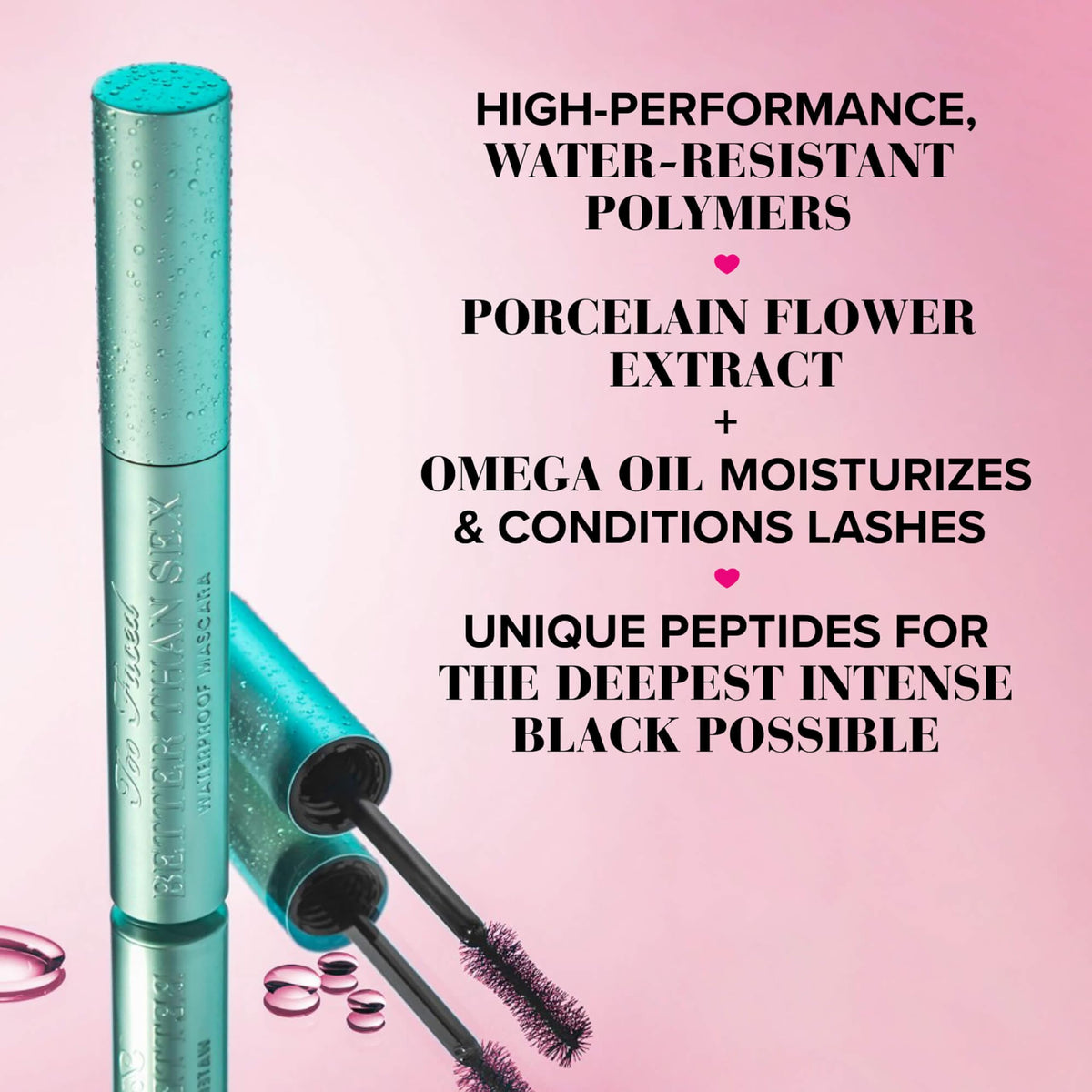 Too Faced mascara wand coated with formula for length and curl