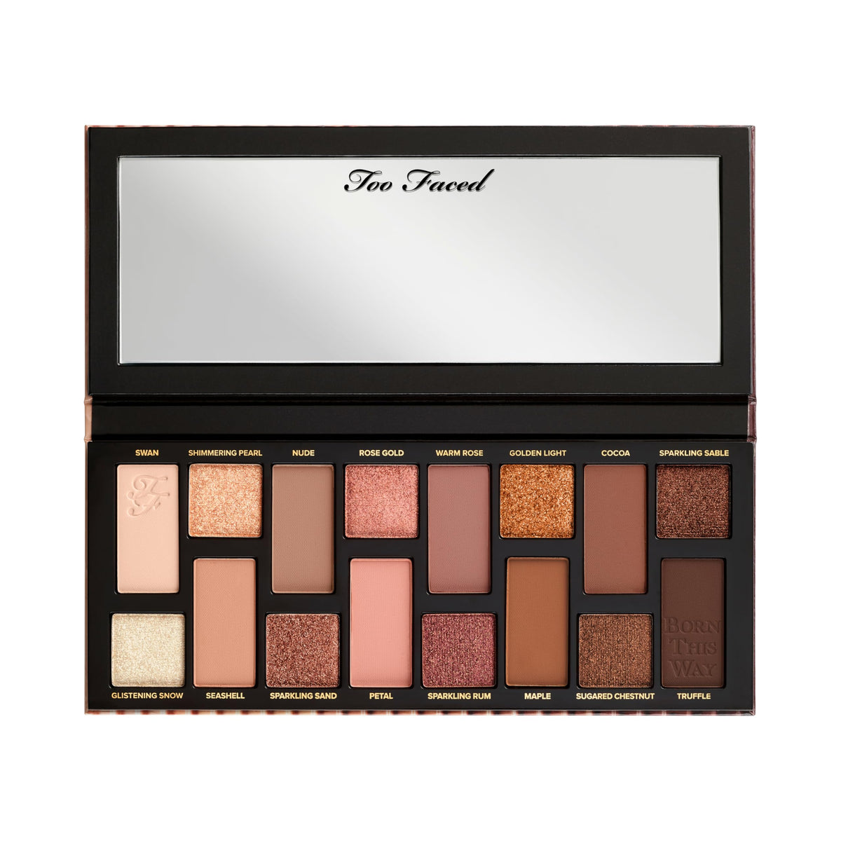 Too Faced size comparison next to hand illustrating compact travel-friendly scale