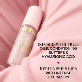 Too Faced Pillow Balm tube label close-up showing product details and original shade