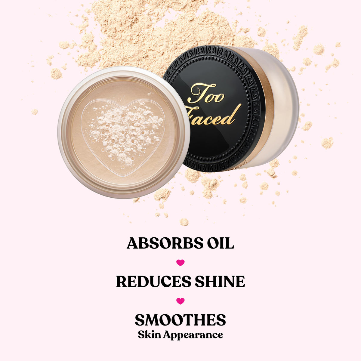 Too Faced powder with brush showing soft pickup and smooth finish benefit