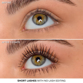 Too Faced before and after lashes showing dramatic lengthening effect