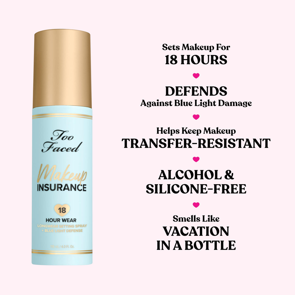 Too Faced bottle held in hand demonstrating 4 fl oz size and travel ease
