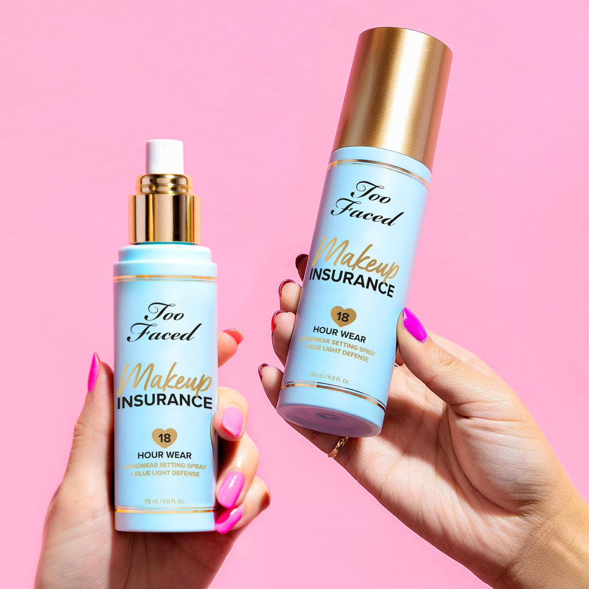 Too Faced spray being applied on model for refreshed, set makeup