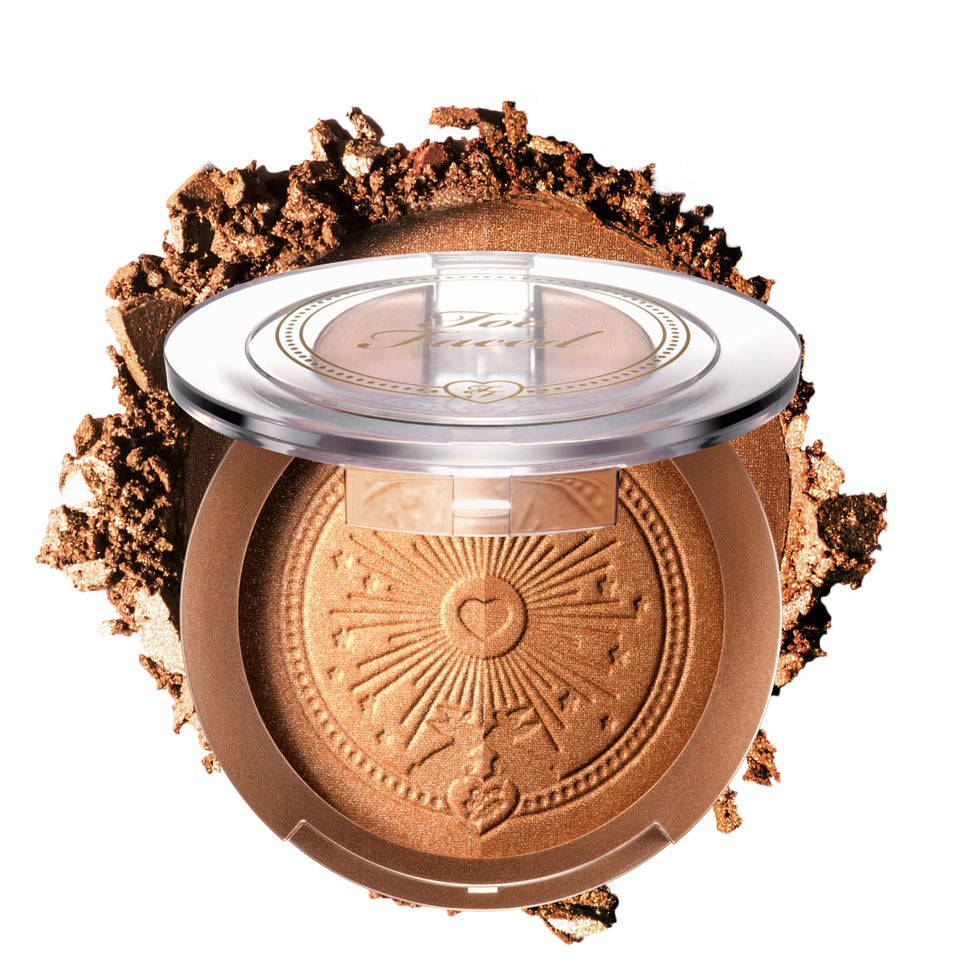 Too Faced compact front view showing sleek logo and travel-friendly size benefits
