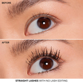 Too Faced before and after lashes showing increased fullness and length
