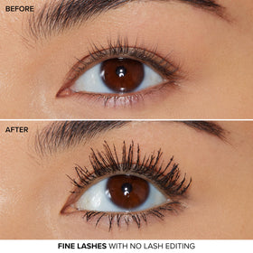 Too Faced mascara inside clutch demonstrating travel-ready, smudge resistant wear