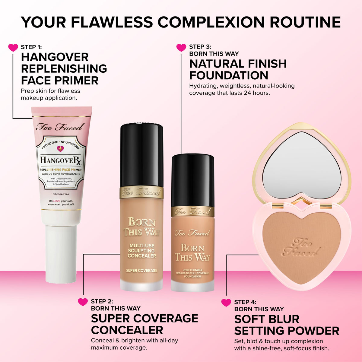 Too Faced vanity lifestyle display with mirror, benefit: photo-friendly, everyday use