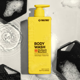 TOOLETRIES on bathroom shelf styled lifestyle shot suggesting premium grooming routine