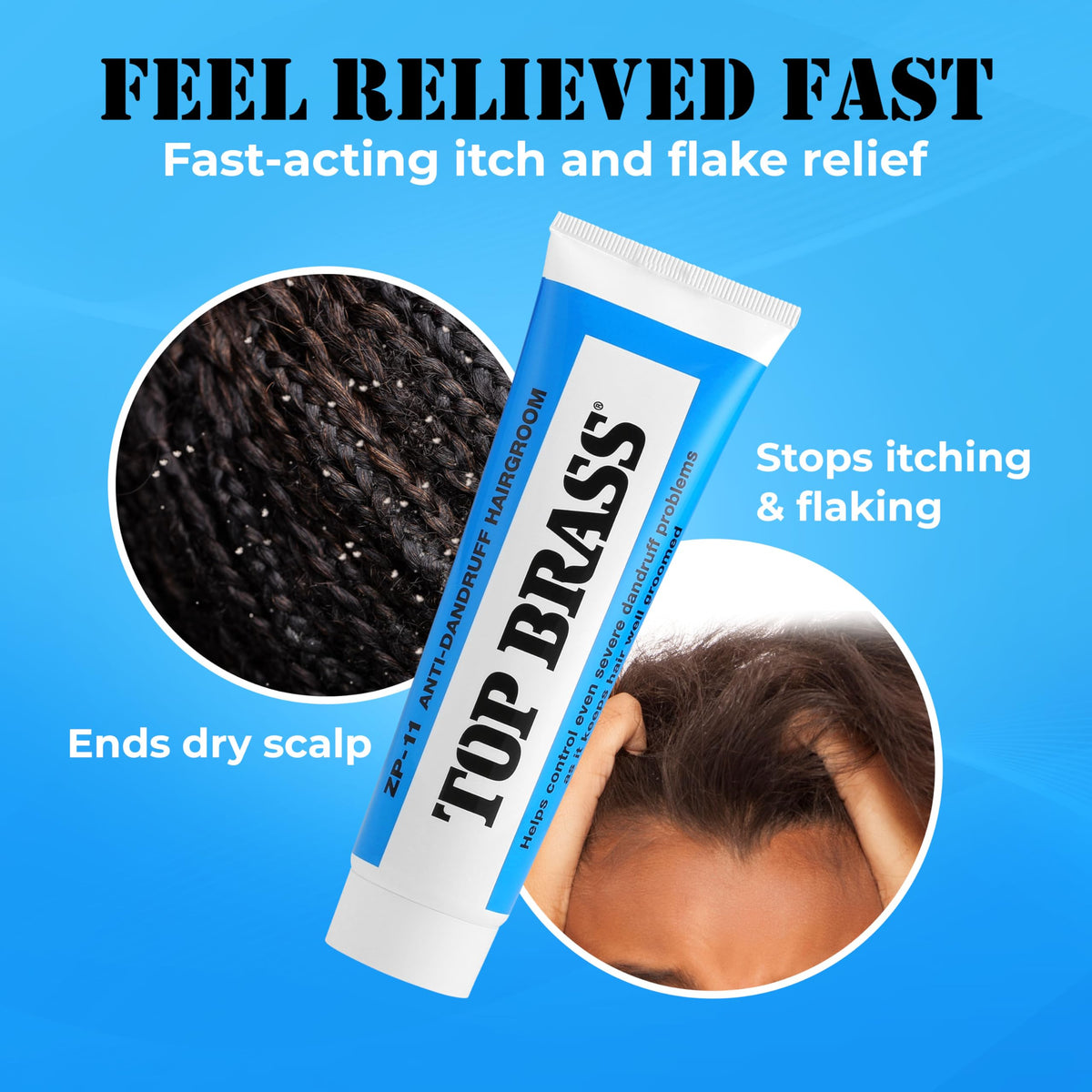 Top Brass scalp massage closeup showing how to relieve itching and flaking
