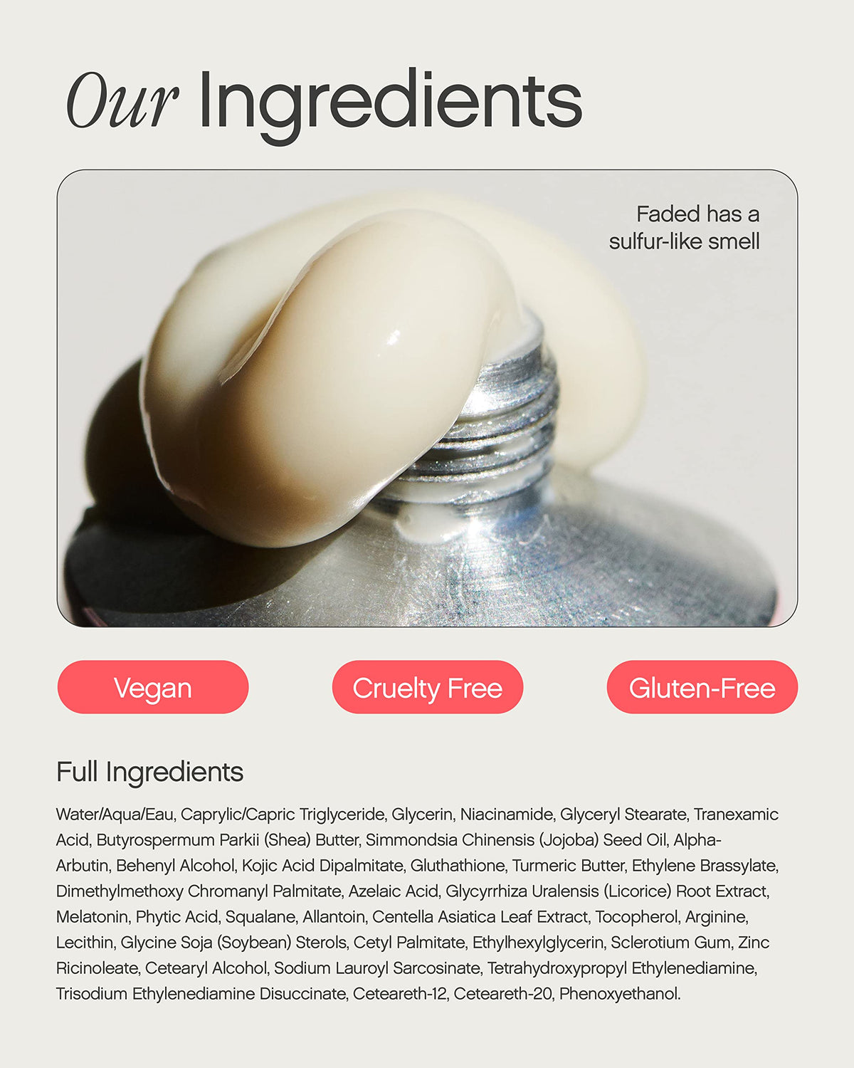 Topicals flatlay with ingredient callouts illustrating science-backed brightening