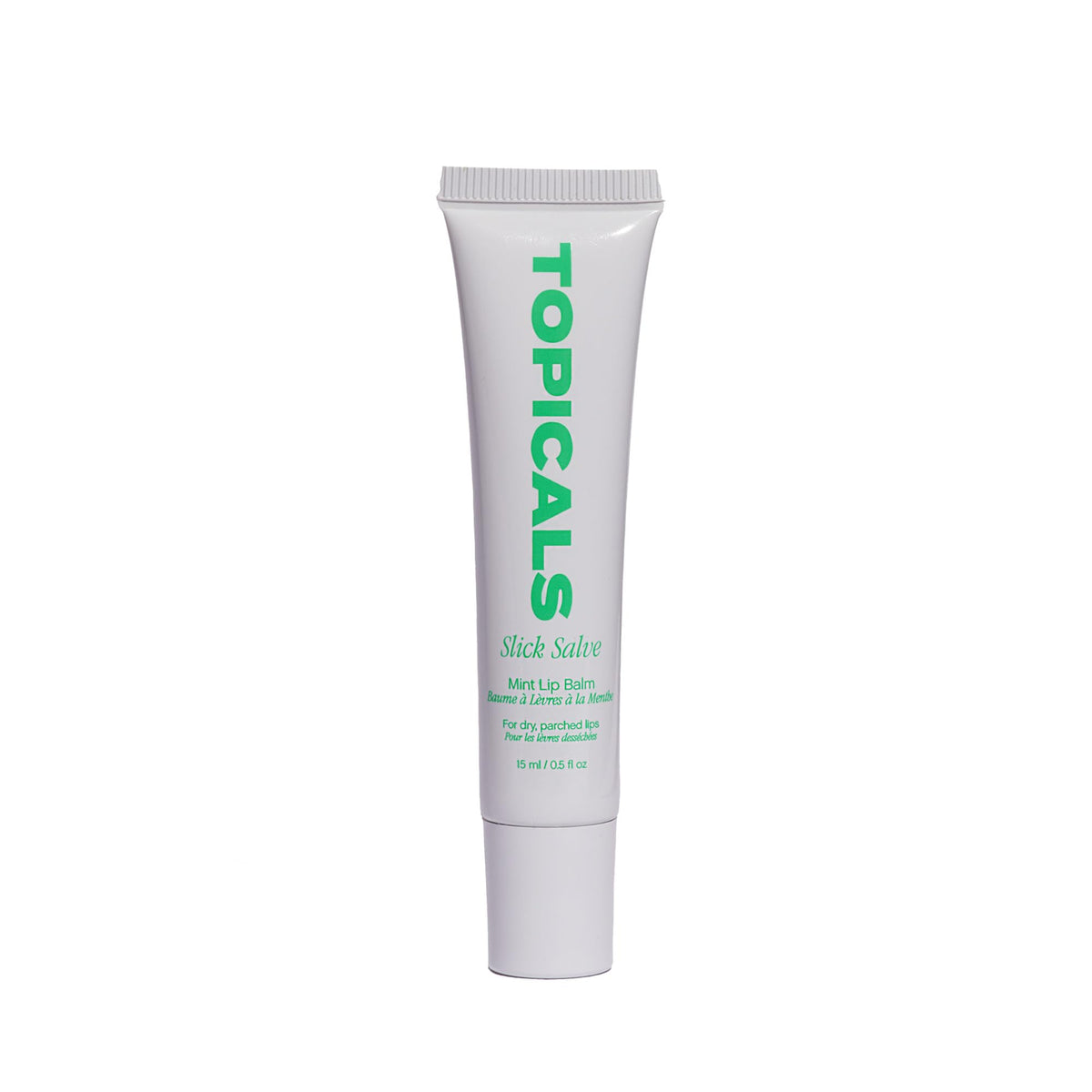 Topicals tube front view showing sleek mint gloss branding and compact size benefit