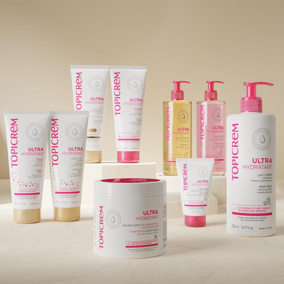 Topicrem family using product in bathroom to show gentle hydration benefit